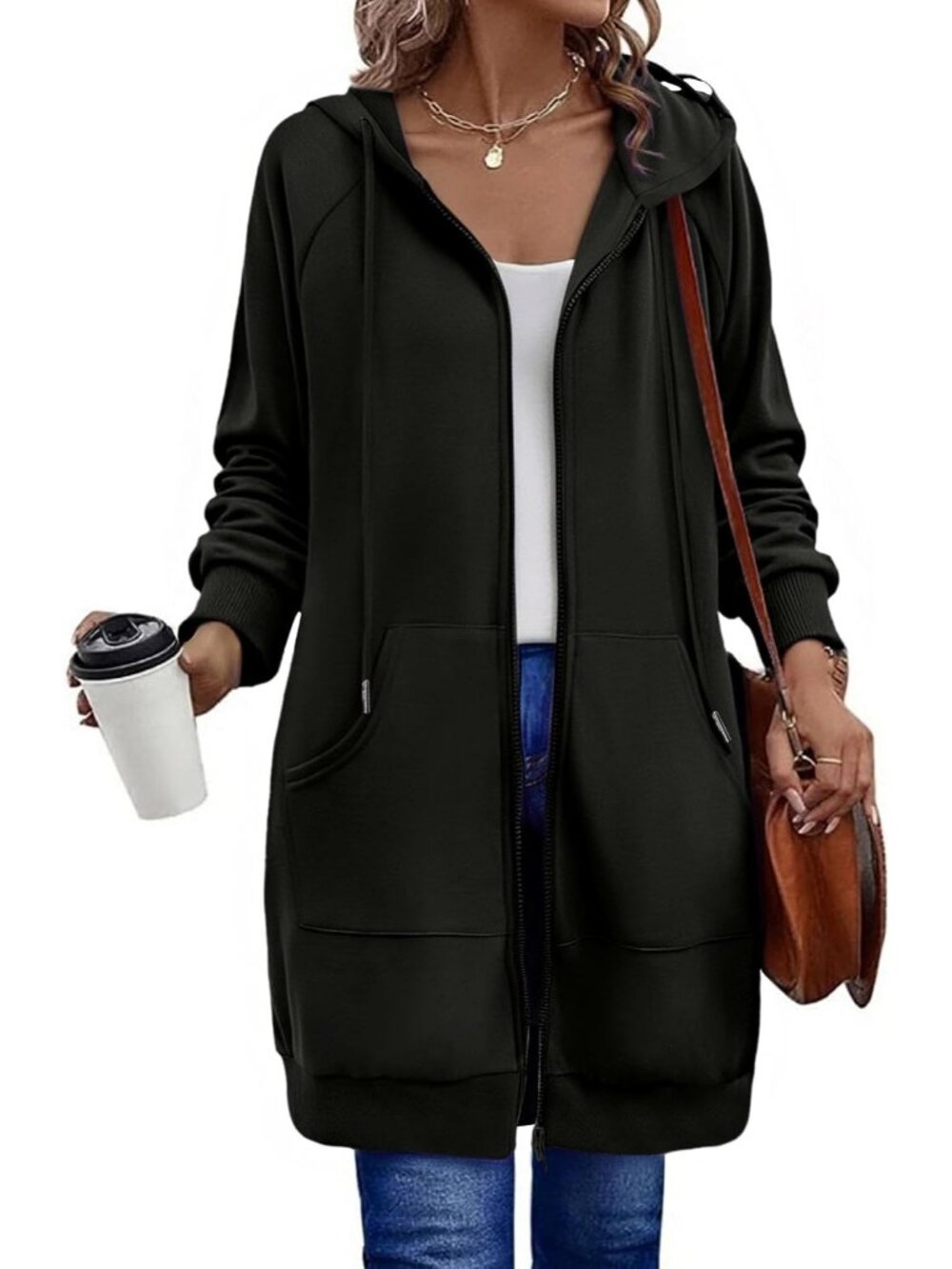 〽️Women's Black Long Fleece Zip Up Tunic Hoodie Oversized Casual Sweatshirt